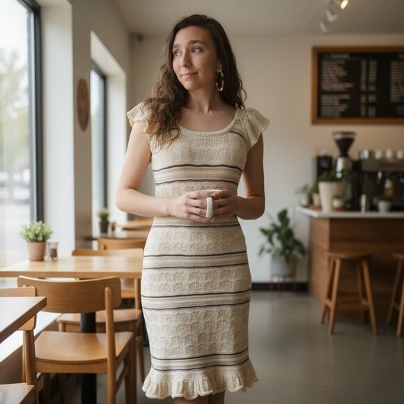 Freshman 1996 Small Cream Stripe Knit Midi Dress Boho - Picture 1 of 10